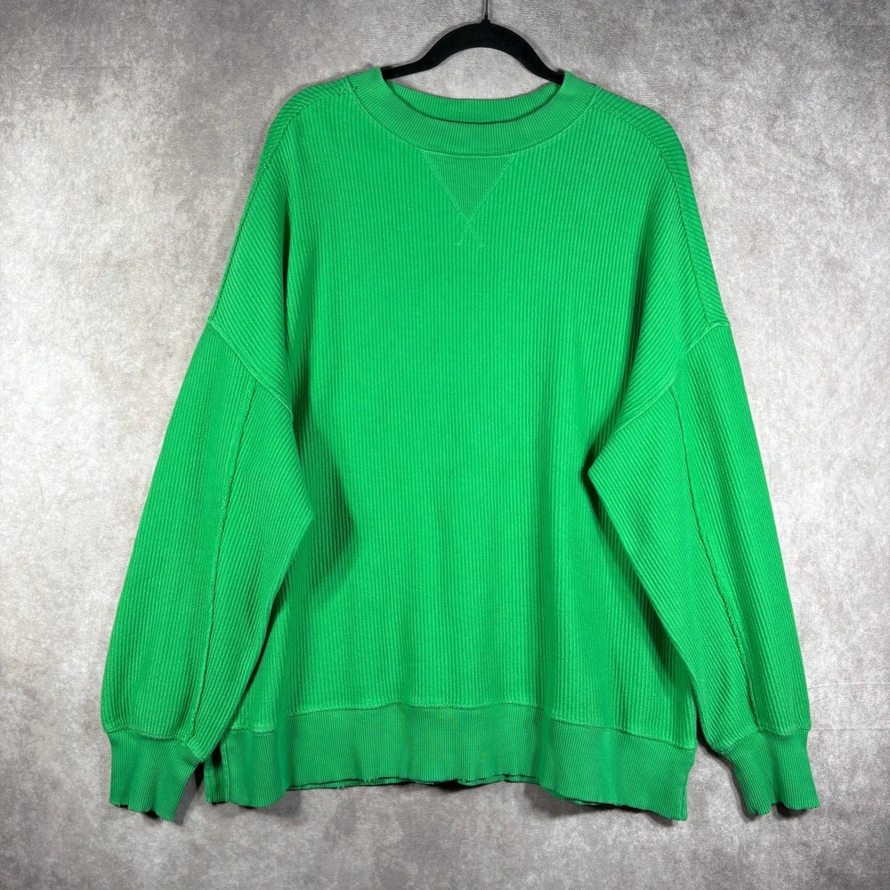 Aerie Big Chill Sweatshirt Womens Small‎ Green Rib Knit Crew Neck Oversized Fit